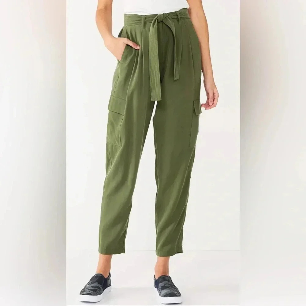 Nine West Tapered High-Waisted Utility Pants Green Olive - Size M